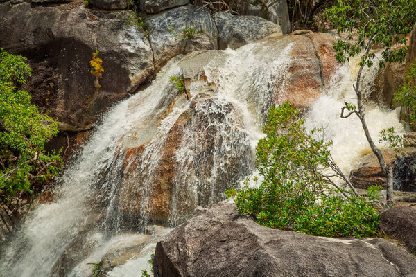 A beautiful cascade of water over rugged cliffs with resilient trees crashes downwards as a small part of Barron Falls in the wet season at Karanda near Cairns in tropical North Queensland, Australia.