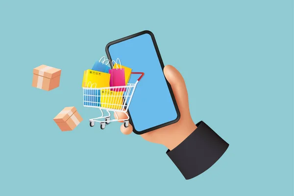 Akıllı Telefonla E-Ticaret Alışverişi. Çevrimiçi Perakende ve Teslimat Konsepti