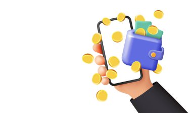 Cüzdan ve Bozuk Paralarla El Tutma Akıllı Telefonu - Dijital Ödeme ve Mobil Finans Konsepti