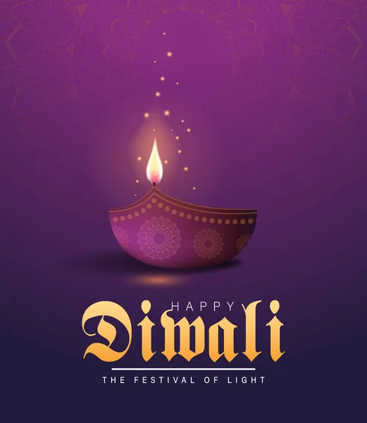 Geleneksel Diya Lambası ve Mor Arkaplan 'da mandala desenli Parlayan Işık ile Mutlu Diwali Resimleri