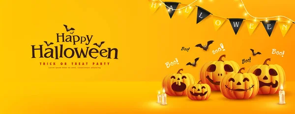 Sarı Arkaplanda Komik Balkabakları, Yarasalar, Mumlar ve Çelenklerle Cadılar Bayramı