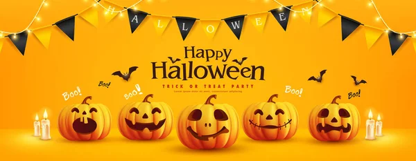 Komik Yüzlü Cadılar Bayramı Balkabakları, Boo Metni ve Çiçek ve Mumlarla Turuncu Arkaplanda Yarasalar