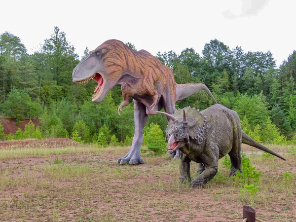 Jura Park Krasiejow. Polonya. 6.09.2025. Vahşi bir Tyrannosaurus 'un ormanla çevrili tarih öncesi bir sergide boynuzlu bir Ceratopsid' e saldırdığını gösteren gerçek boyutta dinozor heykelleri..