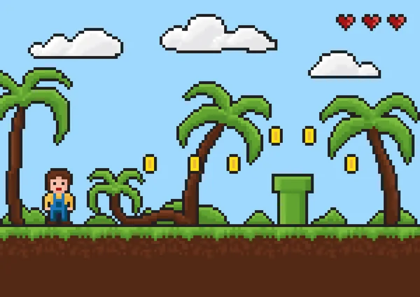 Eski Stil Piksel Oyun Tropikal Macera Bit Vektör Çizim — Stok Vektör