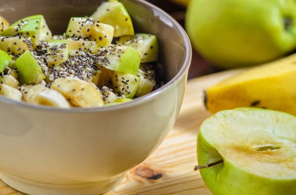 Gesunde Frühstücksschale Haferflocken Mit Banane Grünem Apfel Sesam Und Chiasamen — Stockfoto