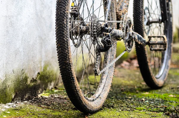 Kötü havalarda sürme sonra dağ bisiklet zinciri sürücü kirli