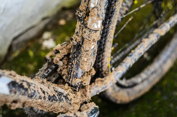 Zona Inferiore Della Staffa Della Mountain Bike Sporca Dopo Gara — Foto Stock