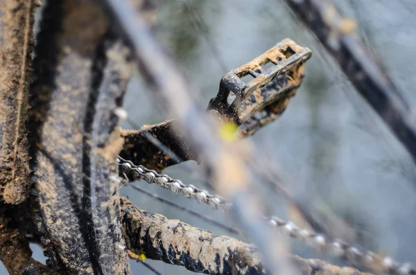 A bicycle in the mud. Elements of a mountain bike frame covered with mud after riding in bad weather