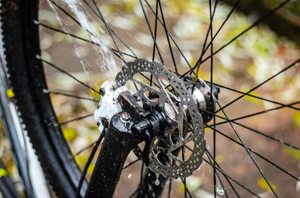 Mountain Bike Washing with a Water Jet, Close-Up. Front Brake Area. Front Brake Caliper of White Color