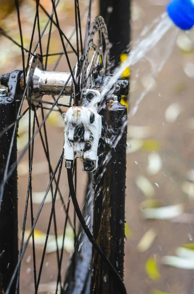 Mountain Bike Washing with a Water Jet, Close-Up. Front Brake Area. Front Brake Caliper of White Color