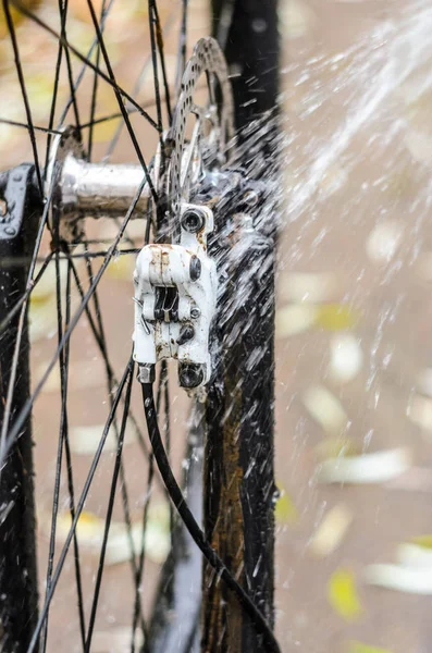 Mountain Bike Washing with a Water Jet, Close-Up. Front Brake Area. Front Brake Caliper of White Color