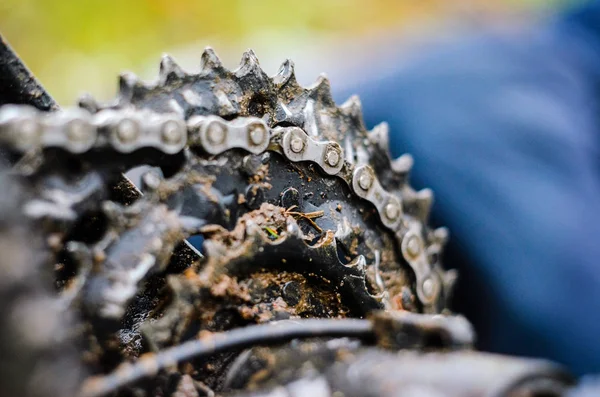 Dağ bisikleti iletim çamur içinde. Kötü havalarda sürme sonra dağ bisiklet zinciri sürücü kirli