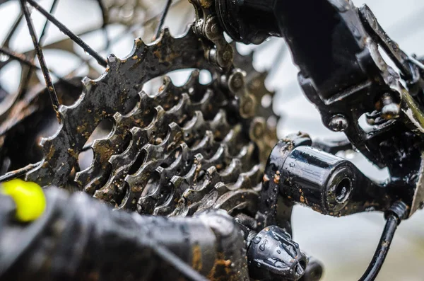 Transmisión Mountain Bike Barro Conducción Cadena Sucia Bicicleta Montaña Después — Foto de Stock