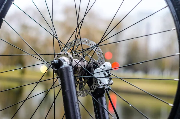 Dağ bisikleti yakın çekim ön hazne. Bisiklet disk fren Rotor