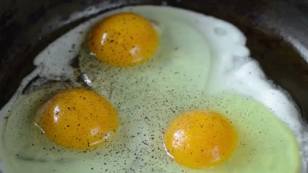 煮煎蛋 三煎蛋的制备工艺 时间流逝 顶部视图 煎蛋的全循环 将鸡蛋分解成热煎锅 从煎锅中取出鸡蛋 — 图库视频影像