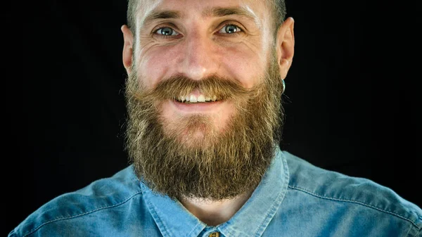 Portrait Smiling Bearded Man Blue Denim Shirt Black Background Hipster — Stock Photo, Image