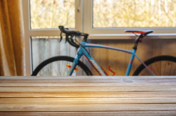 Mesa Madera Vacía Frente Fondo Borroso Sala Estar Con Una — Foto de Stock