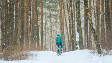 Bisikletçi cyclocross bisiklet parkurları kışın karlı ormandaki üzerinde. Kış egzersiz açık havada kavramı