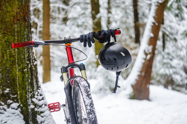 Black Helmet Black Sport Gloves Hangs Handlebars Bicycle Snowy Winter — Stock Photo, Image