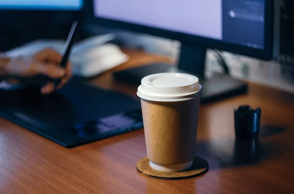 Desktop Side View Computer Graphics Tablet Diary Cup Coffee Hand — Stock Photo, Image