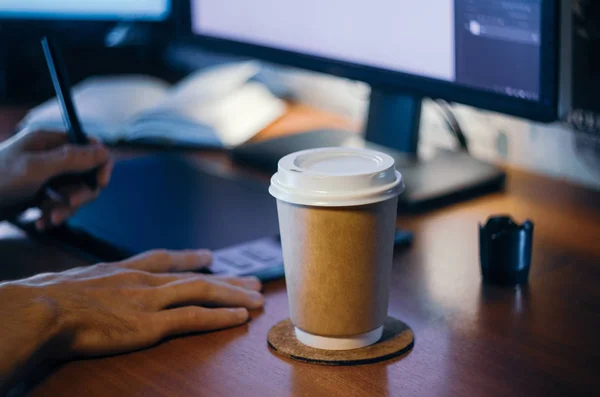 Desktop Side View Computer Graphics Tablet Diary Cup Coffee Hand — Stock Photo, Image