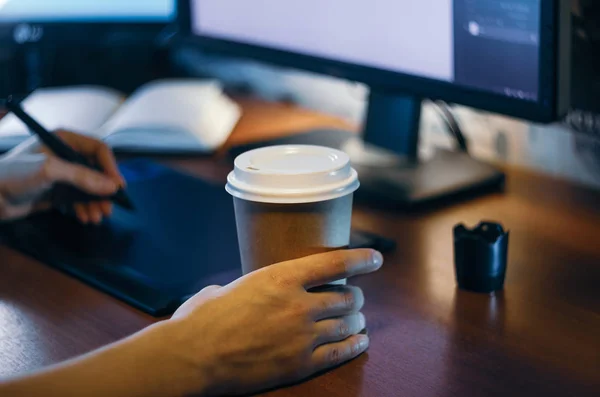 Desktop Side View Computer Graphics Tablet Diary Cup Coffee Hand — Stock Photo, Image