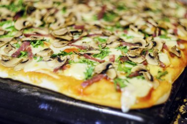 Pizza yapma işlemi. İtalyan biberli pizza mantar, ruccola, domates, mozzarella peyniri, sarmısak ve sos ile