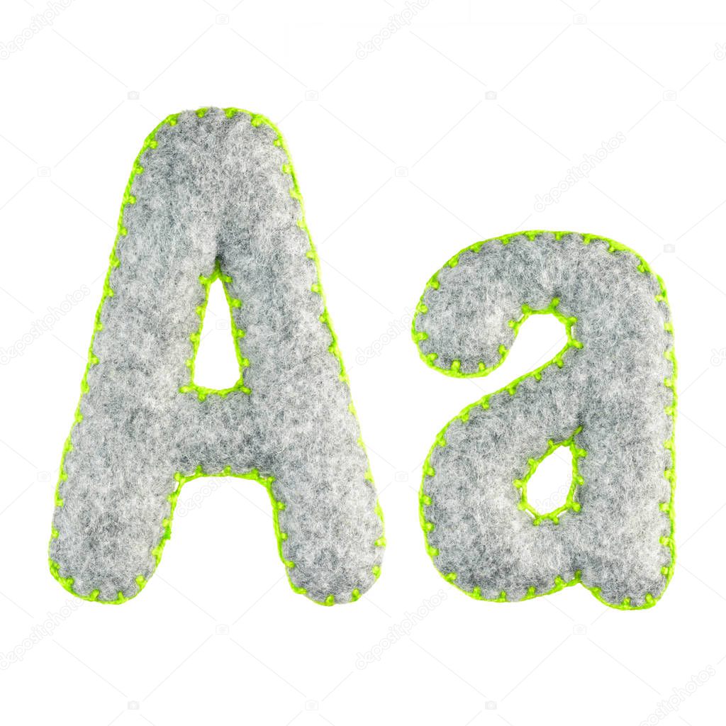 The letter A of the Latin alphabet isolated on a white background. The main and upper letter of the alphabet of gray felt. Soft font with rounded edges for use in design