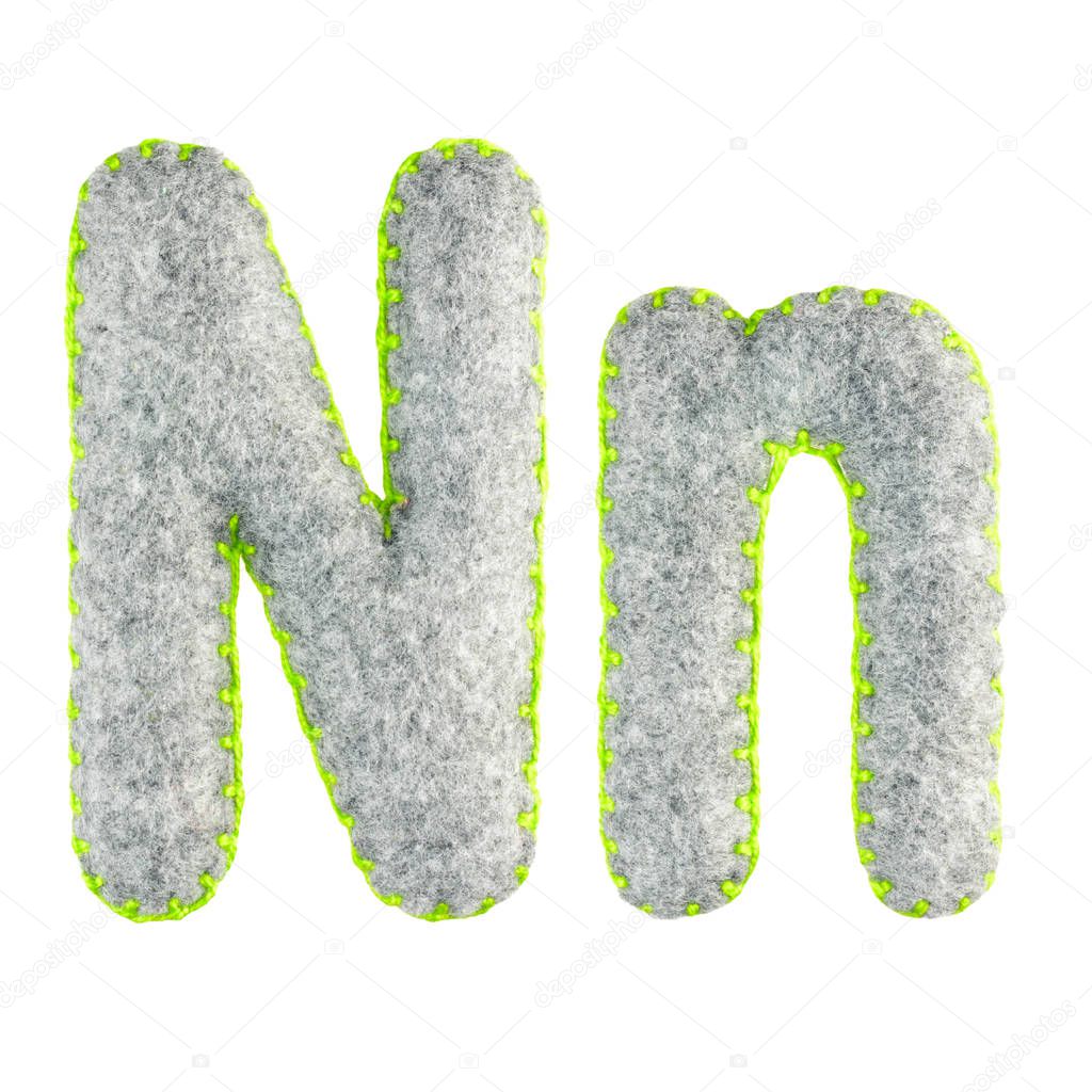 The letter N of the Latin alphabet isolated on a white background. The main and upper letter of the alphabet of gray felt. Soft font with rounded edges for use in design