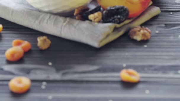 Oatmeal Deep Bowl Spoon Sticking Out Persimmon Dried Apricots Prunes — Stock Video