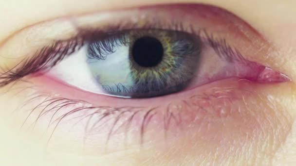 人眼瞳孔收缩过程宏观视图 有亮光的虹膜的约束 眨眼蓝眼睛 与较大光量接触的眼球瞳孔的工作 — 图库视频影像