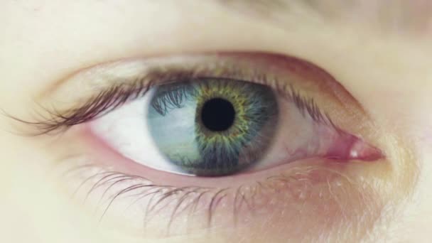 Голубые Глаза Молодой Женщины Оглядывающейся Ослепляющейся Процесс Сужения Зрачков Ослепляющие — стоковое видео