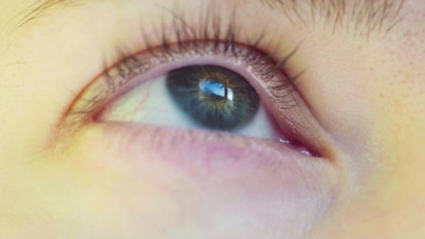 Голубые Глаза Молодой Женщины Глядящей Окно Ослепляющей Солнечный День Окном — стоковое видео