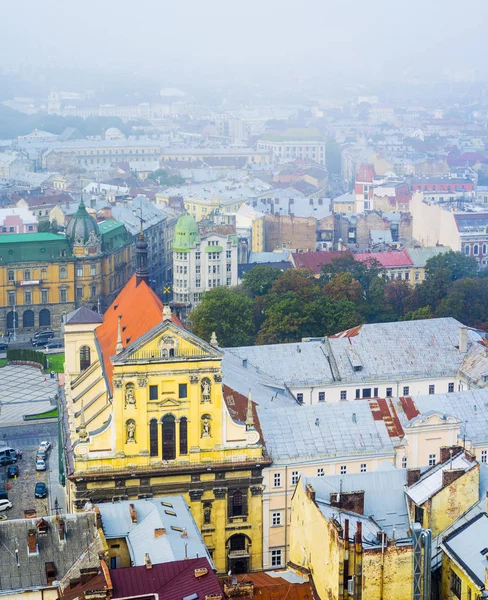 Lwów, Ukraina - Panorama Starego Miasta w Mist — Zdjęcie stockowe