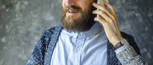 Happy Bearded Man Talk at Phone. — Stock Photo, Image