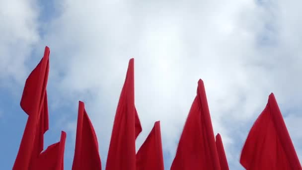 Red Flags Waving Wind Backdrop Fast Moving Clouds — Stock Video