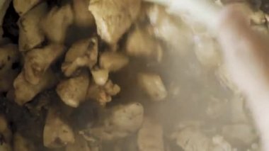 Kuru erik ve dereotlu tavuk fileto pişiriyorum. Silikon kaşıkla karıştırıyor. Yakın plan. Yukarıdan görüntüle.