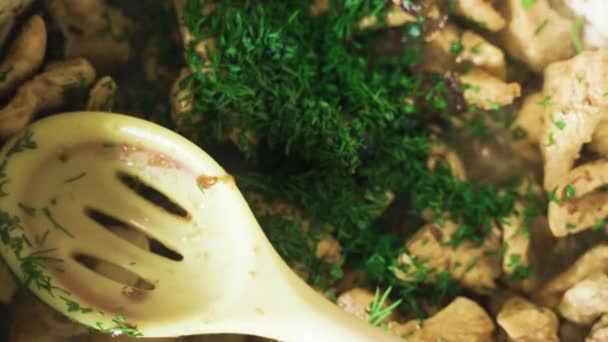 Kuru Erik Dereotlu Tavuk Fileto Pişiriyorum Silikon Kaşıkla Karıştırıyor Yakın — Stok video