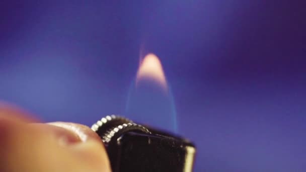 Macro Shot Igniting Lighter Dark Flame Sparks Slow Motion Closeup — Stock Video