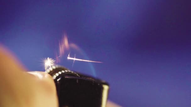 Macro Shot Igniting Lighter Dark Flame Sparks Slow Motion Closeup — Stock Video