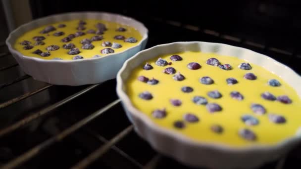 Beerenkeks Mini Torten Einer Auflaufform Den Ofen Stellen Leckeres Dessert — Stockvideo