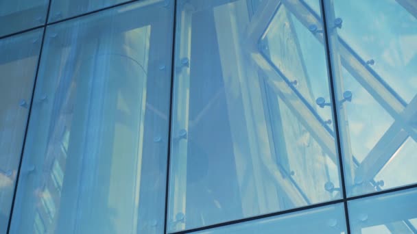 Glasridåfasad Konstruktion Fästelement Spindelglassystemet Fasaddetalj Arkitektur Abstrakt Bakgrund Luta Upp — Stockvideo