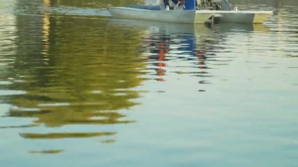 Blaue Katamarane Wasser Katamaran Verleih Fluss Und Wassertransport Boot Für — Stockvideo