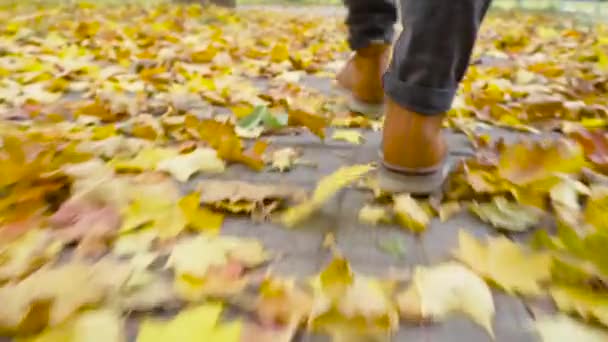Młody Mężczyzna Skórzanych Butach Spaceruje Chodnikiem Opadłymi Liśćmi Jesienny Sezon — Wideo stockowe