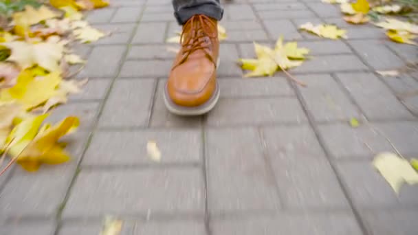 Mladý Muž Kožených Botách Kráčí Chodníku Spadlým Listím Podzimní Sezóna — Stock video