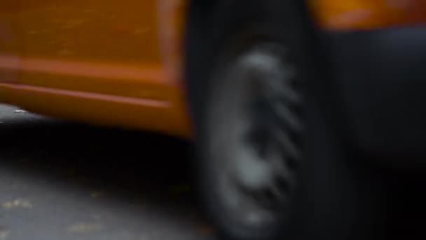 Egy Narancssárga Autó Elhajt Egy Sárga Lehullott Levelekkel Teli Mellett — Stock videók