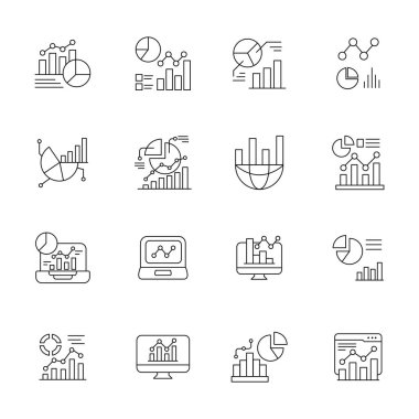 Veri Analitik simgesi çizelgeler, grafikler, raporlar, içgörüler, istatistikler, iş zekası ve veri görselleştirme kavramlarını gösteren çizgi vektör biçiminde ayarlandı