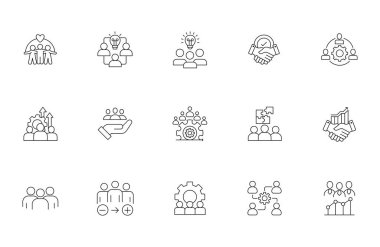 Takım çalışması simgesi, işbirliği, işbirliği, işbirliği, iletişim, grup projesi ve takım kavramlarını gösteren asgari tasarıma sahip çizgi vektör biçiminde ayarlandı