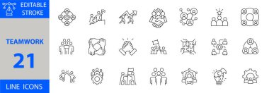 Takım çalışması simgesi, işbirliği, işbirliği, işbirliği, iletişim, grup projesi ve takım kavramlarını gösteren asgari tasarıma sahip çizgi vektör biçiminde ayarlandı