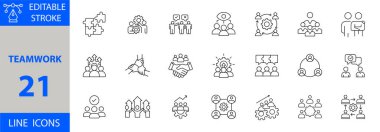 Takım çalışması simgesi, işbirliği, işbirliği, işbirliği, iletişim, grup projesi ve takım kavramlarını gösteren asgari tasarıma sahip çizgi vektör biçiminde ayarlandı